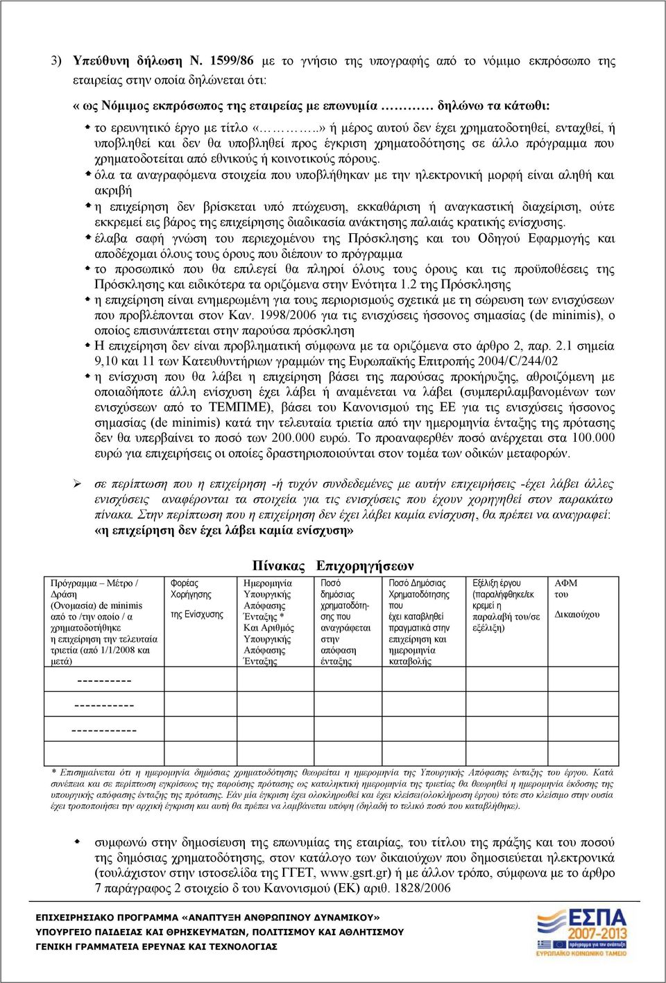 .» ή μέρος αυτού δεν έχει χρηματοδοτηθεί, ενταχθεί, ή υποβληθεί και δεν θα υποβληθεί προς έγκριση χρηματοδότησης σε άλλο πρόγραμμα που χρηματοδοτείται από εθνικούς ή κοινοτικούς πόρους.