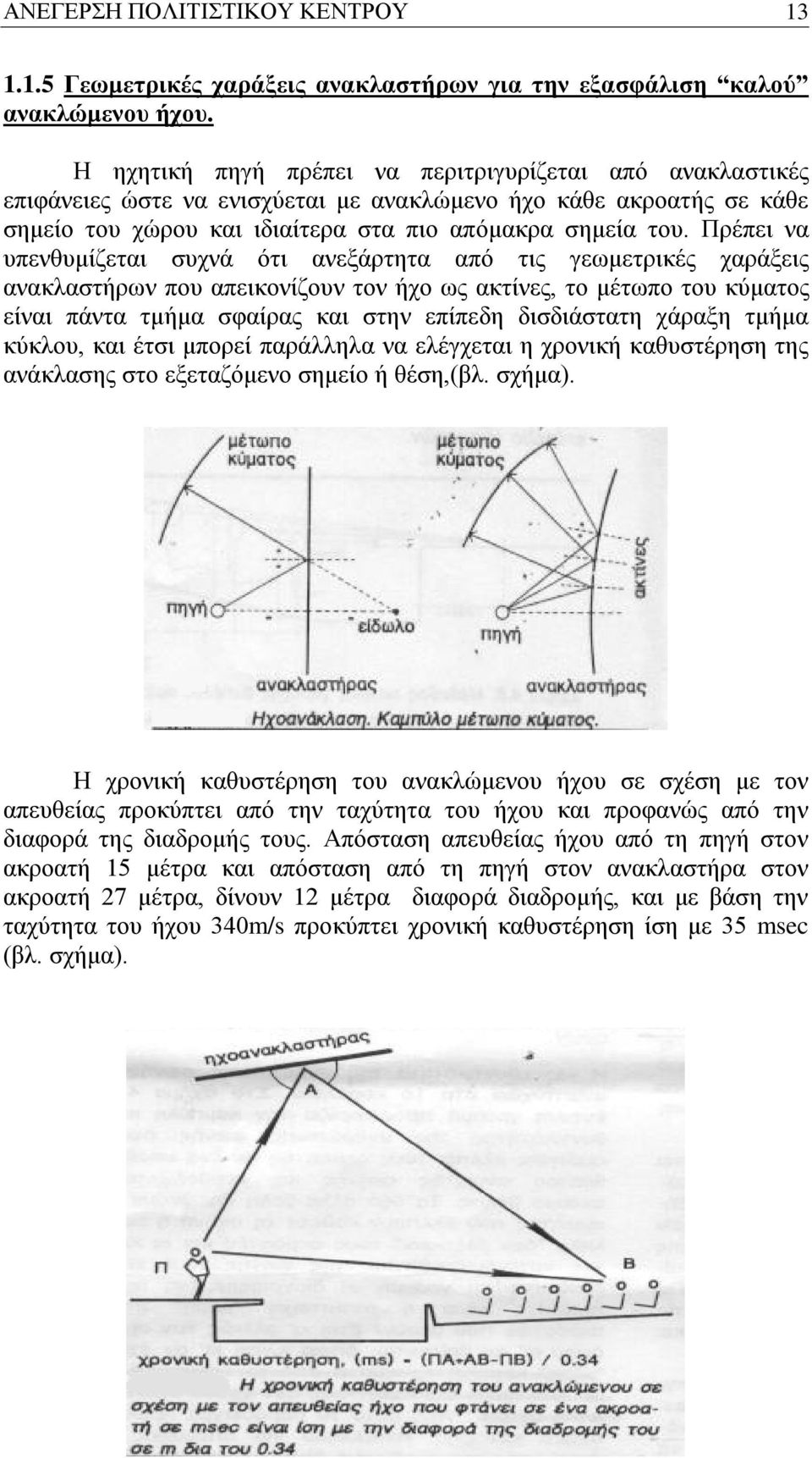 Πρέπει να υπενθυμίζεται συχνά ότι ανεξάρτητα από τις γεωμετρικές χαράξεις ανακλαστήρων που απεικονίζουν τον ήχο ως ακτίνες, το μέτωπο του κύματος είναι πάντα τμήμα σφαίρας και στην επίπεδη