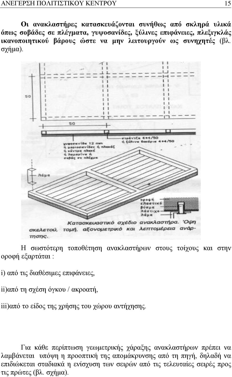 Η σωστότερη τοποθέτηση ανακλαστήρων στους τοίχους και στην οροφή εξαρτάται : i) από τις διαθέσιμες επιφάνειες, ii)από τη σχέση όγκου / ακροατή, iii)από το είδος
