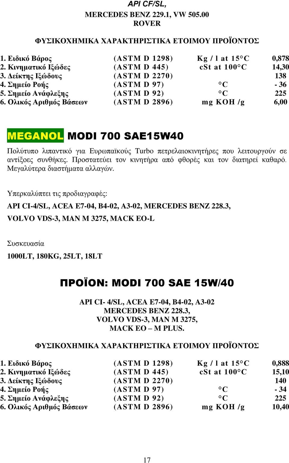 Ολικός Αριθμός Βάσεων (ASTM D 2896) mg KOH /g 6,00 MEGANOL MODI 700 SAE15W40 Πολύτυπο λιπαντικό για Ευρωπαϊκούς Turbo πετρελαιοκινητήρες που λειτουργούν σε αντίξοες συνθήκες.