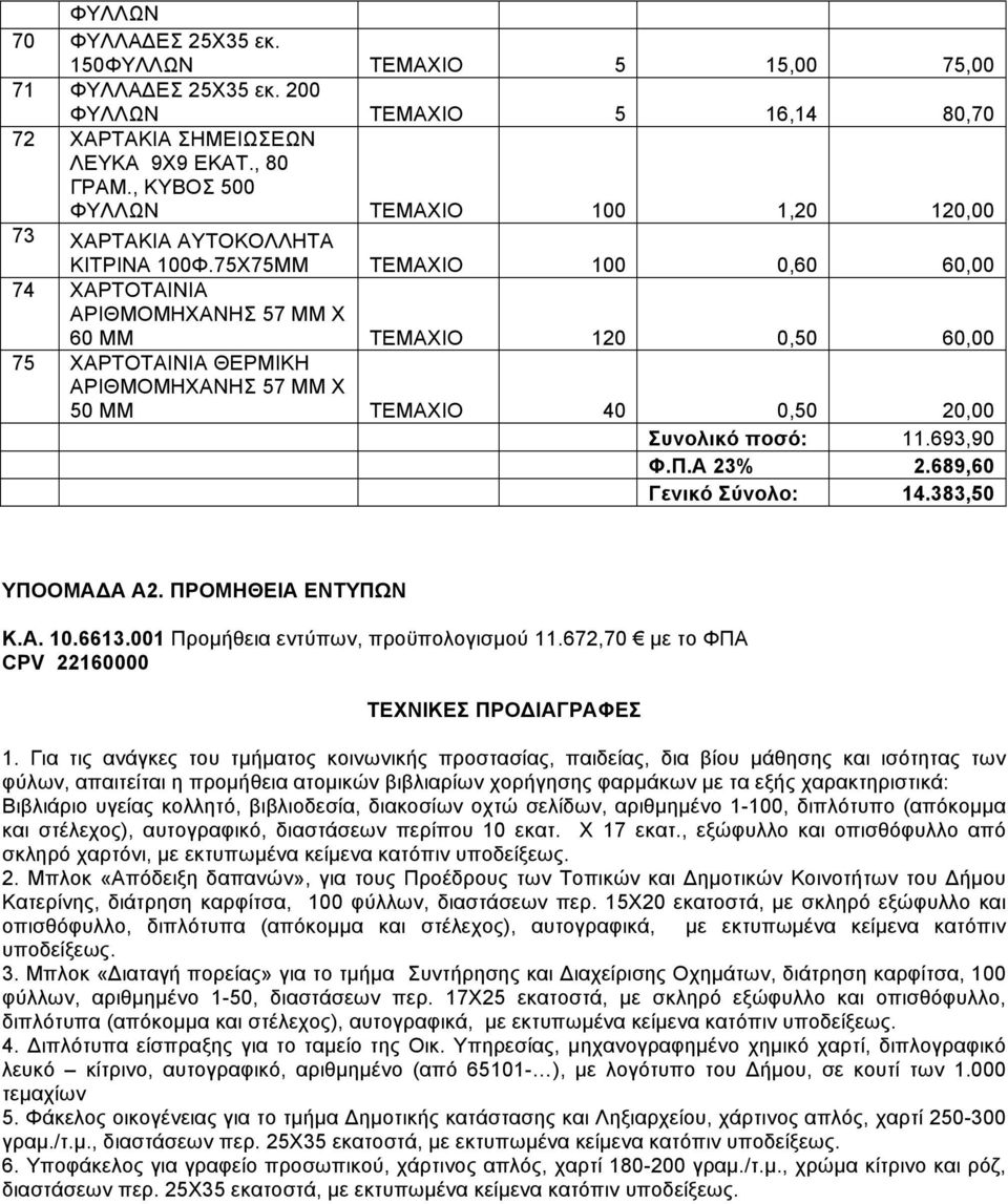 75Χ75ΜΜ ΤΕΜΑΧΙΟ 100 0,60 60,00 74 ΧΑΡΤΟΤΑΙΝΙΑ ΑΡΙΘΜΟΜΗΧΑΝΗΣ 57 ΜΜ Χ 60 ΜΜ ΤΕΜΑΧΙΟ 120 0,50 60,00 75 ΧΑΡΤΟΤΑΙΝΙΑ ΘΕΡΜΙΚΗ ΑΡΙΘΜΟΜΗΧΑΝΗΣ 57 ΜΜ Χ 50 ΜΜ ΤΕΜΑΧΙΟ 40 0,50 20,00 Συνολικό ποσό: 11.693,90 Φ.Π.