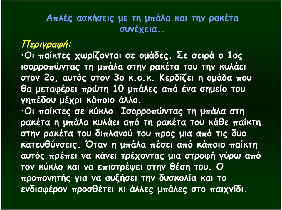 Οι παίκτες σε κύκλο. Ισορροπώντας τη μπάλα στη ρακέτα η μπάλα κυλάει από τη ρακέτα του κάθε παίκτη στην ρακέτα του διπλανού του προς μια από τις δυο κατευθύνσεις.