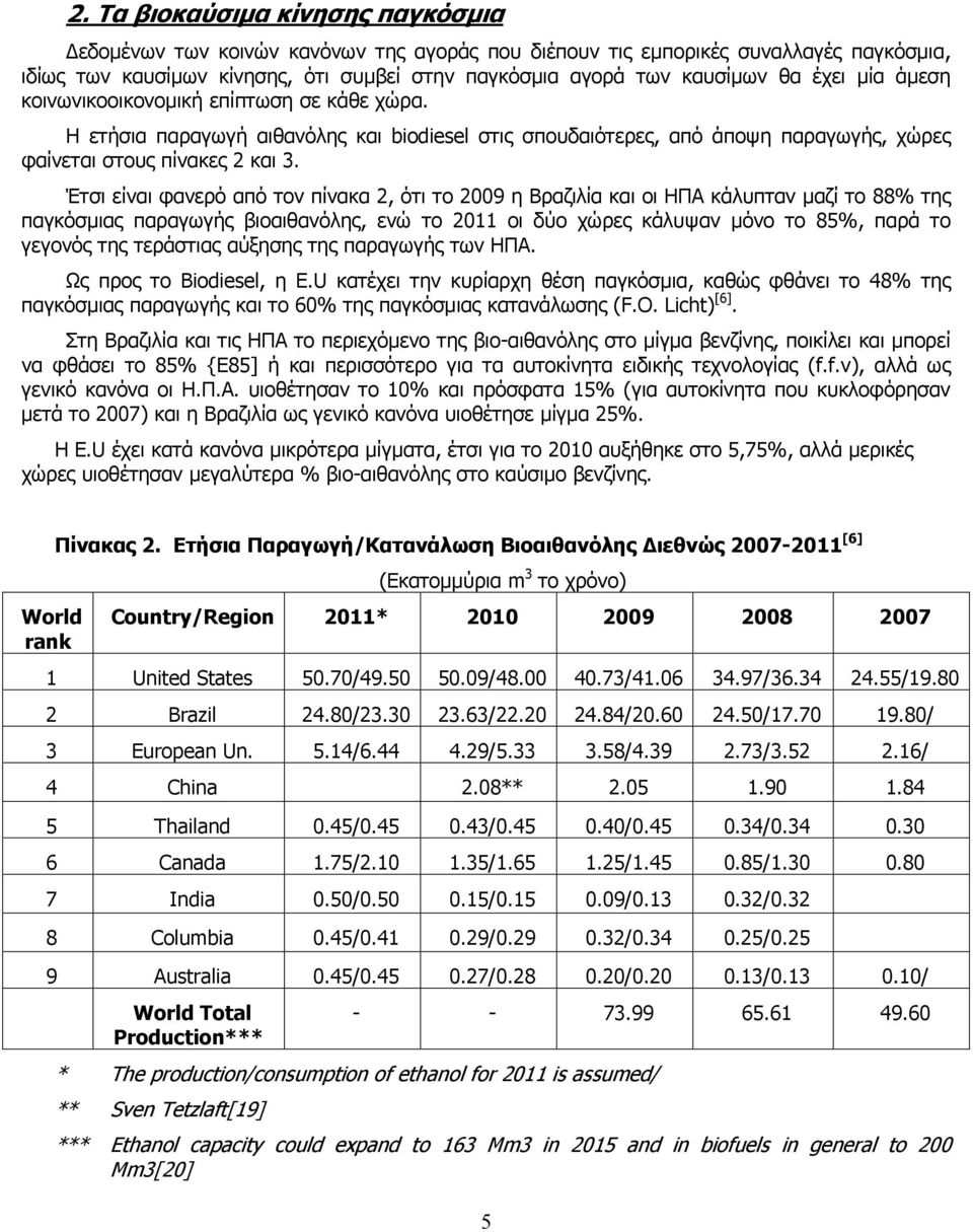 Έτσι είναι φανερό από τον πίνακα 2, ότι το 2009 η Βραζιλία και οι ΗΠΑ κάλυπταν μαζί το 88% της παγκόσμιας παραγωγής βιοαιθανόλης, ενώ το 2011 οι δύο χώρες κάλυψαν μόνο το 85%, παρά το γεγονός της