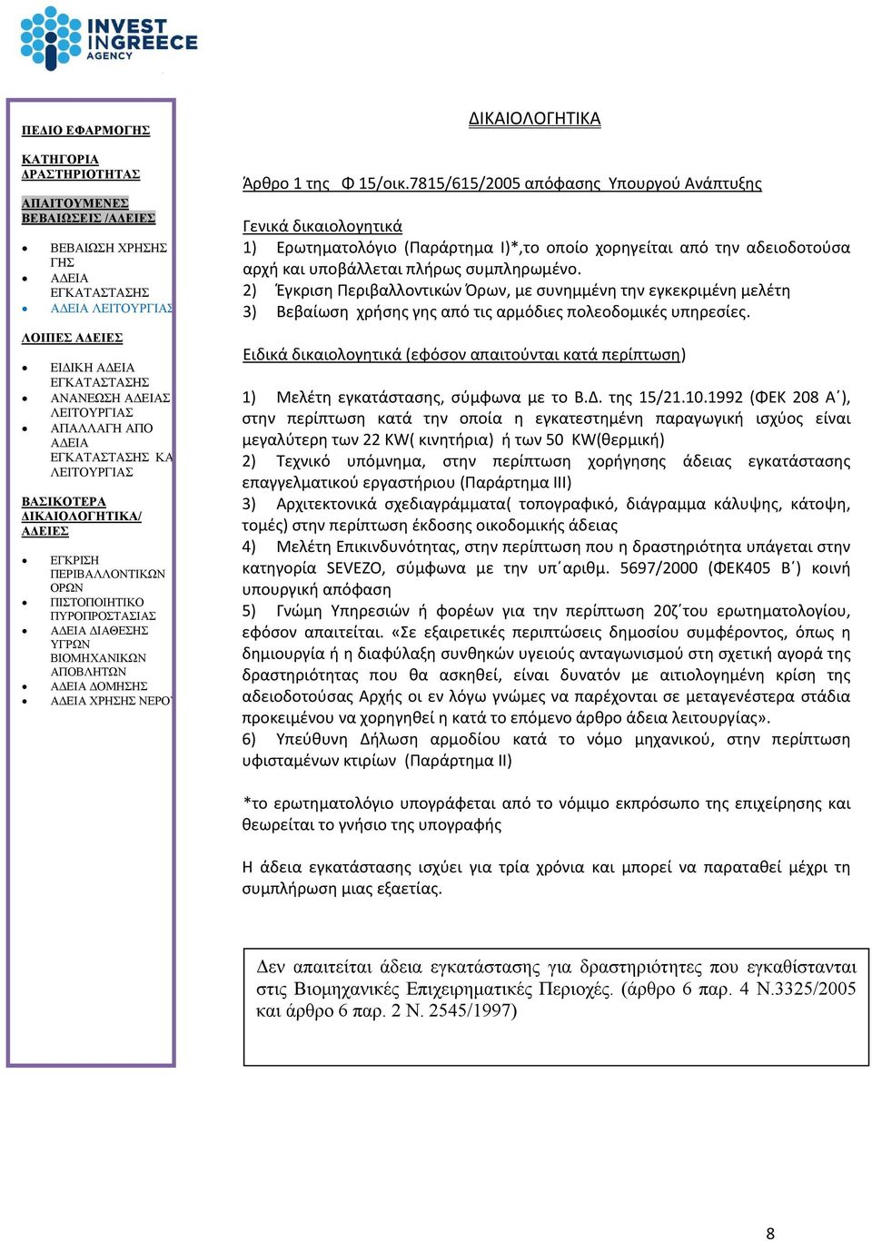 2) Έγκριση Περιβαλλοντικών Όρων, με συνημμένη την εγκεκριμένη μελέτη 3) Βεβαίωση χρήσης γης από τις αρμόδιες πολεοδομικές υπηρεσίες.