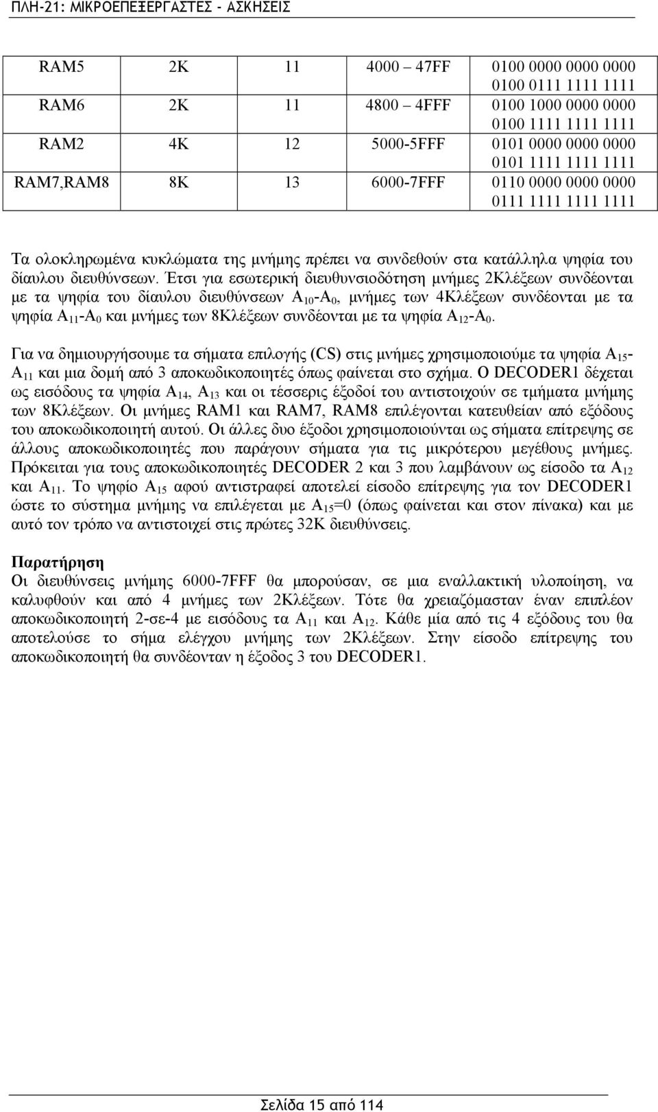 Έτσι για εσωτερική διευθυνσιοδότηση μνήμες 2Κλέξεων συνδέονται με τα ψηφία του δίαυλου διευθύνσεων Α 10 -Α 0, μνήμες των 4Κλέξεων συνδέονται με τα ψηφία Α 11 -Α 0 και μνήμες των 8Κλέξεων συνδέονται