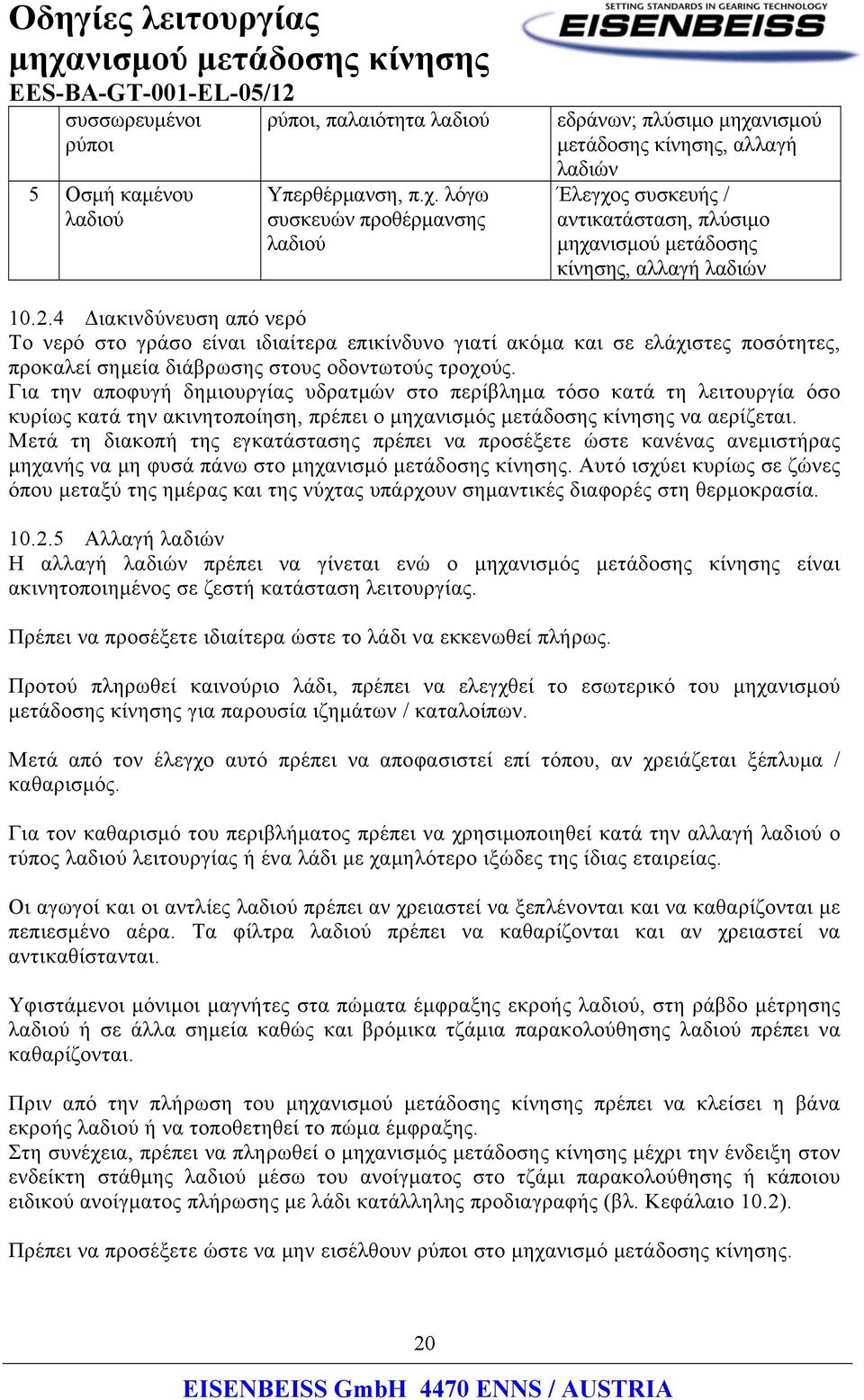 4 Διακινδύνευση από νερό Το νερό στο γράσο είναι ιδιαίτερα επικίνδυνο γιατί ακόμα και σε ελάχιστες ποσότητες, προκαλεί σημεία διάβρωσης στους οδοντωτούς τροχούς.