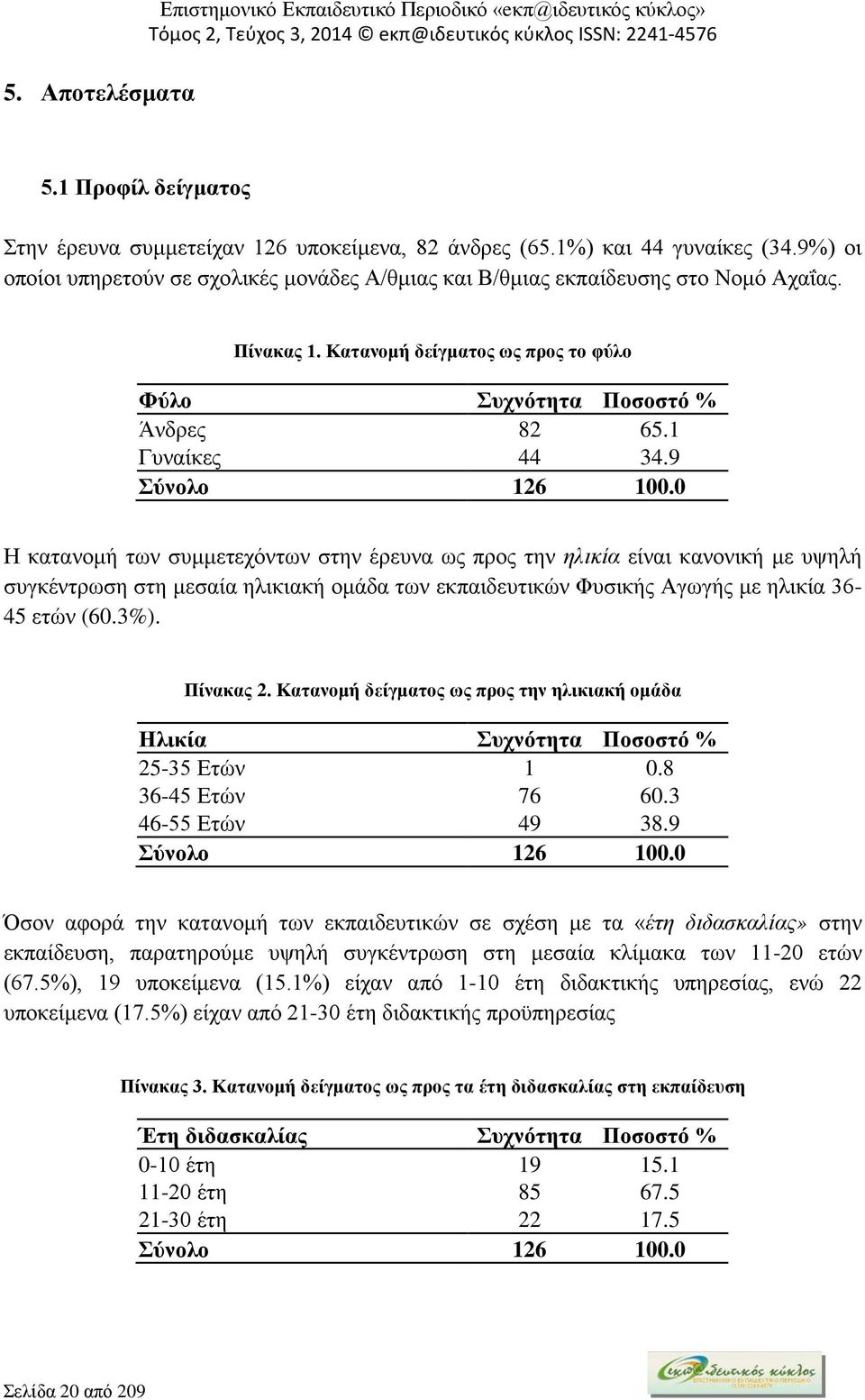 9 Σύνολο 126 100.0 Η κατανομή των συμμετεχόντων στην έρευνα ως προς την ηλικία είναι κανονική με υψηλή συγκέντρωση στη μεσαία ηλικιακή ομάδα των εκπαιδευτικών Φυσικής Αγωγής με ηλικία 36-45 ετών (60.