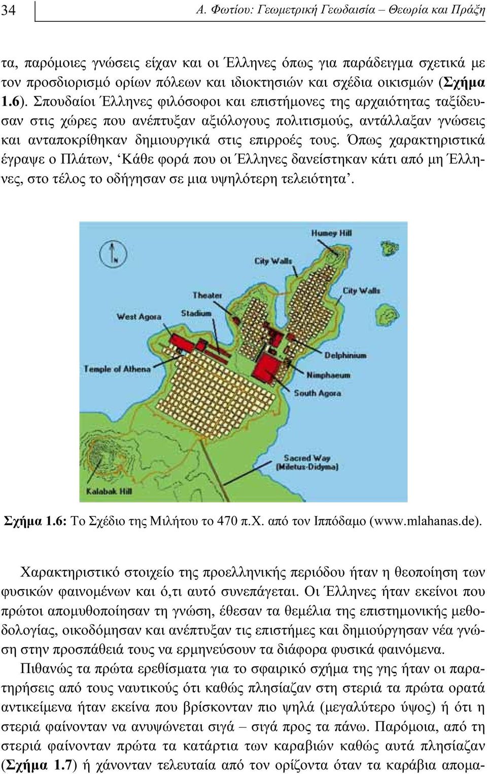 Όπως χαρακτηριστικά έγραψε ο Πλάτων, Κάθε φορά που οι Έλληνες δανείστηκαν κάτι από μη Έλληνες, στο τέλος το οδήγησαν σε μια υψηλότερη τελειότητα. Σχήμα 1.6: Το Σχέδιο της Μιλήτου το 470 π.χ. από τον Ιππόδαμο (www.