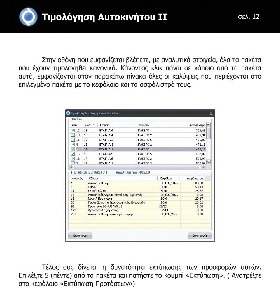 Κάνοντας κλικ πάνω σε κάποιο από τα πακέτα αυτά, εμφανίζονται στον παρακάτω πίνακα όλες οι καλύψεις που περιέχονται στο