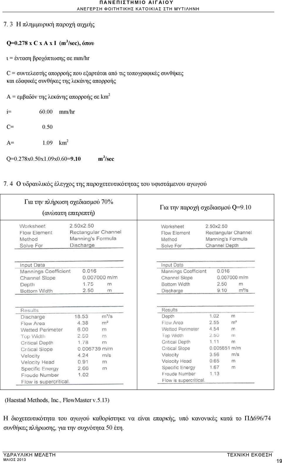 λεκάνης απορροής A = εμβαδόν της λεκάνης απορροής σε km 2 i= 60.00 mm/hr C= 0.50 A= 1.09 km 2 Q=0.278x0.50x1.09x0.60=9.10 m 3 /sec 7.
