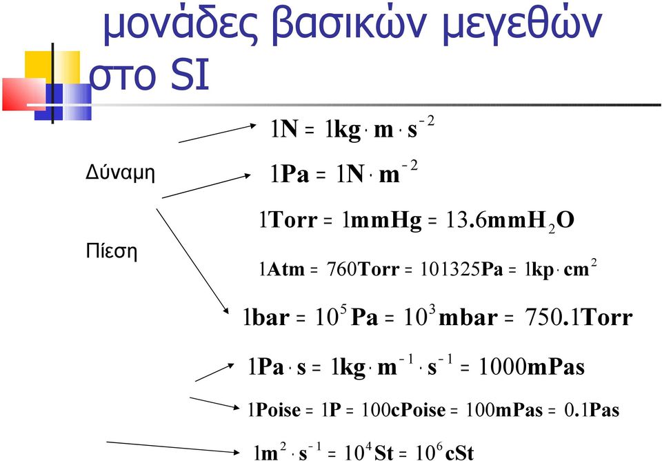 6mmH 2O 1Atm = 760Torr = 101325Pa = 1kp cm 2 5 3 1bar = 10 Pa = 10