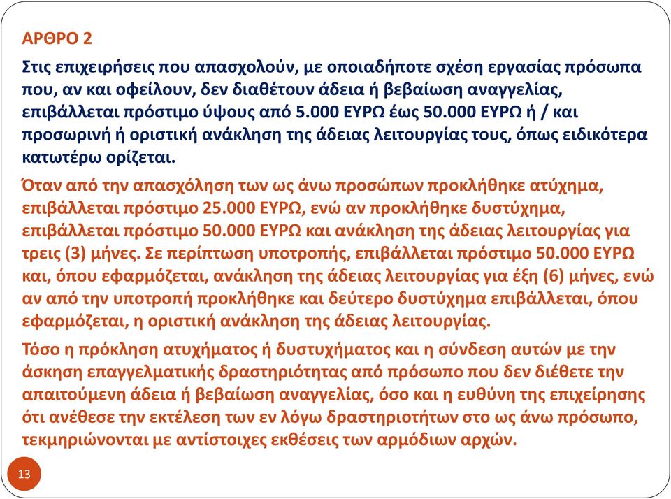 000 ΕΥΡΩ, ενώ αν προκλήθηκε δυστύχημα, επιβάλλεται πρόστιμο 50.000 ΕΥΡΩ και ανάκληση της άδειας λειτουργίας για τρεις (3) μήνες. Σε περίπτωση υποτροπής, επιβάλλεται πρόστιμο 50.