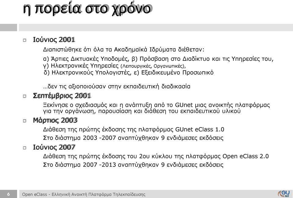 GUnet μιας ανοικτής πλατφόρμας για την οργάνωση, παρουσίαση και διάθεση του εκπαιδευτικού υλικού Μάρτιος 2003 Διάθεση της πρώτης έκδοσης της πλατφόρμας GUnet eclass 1.