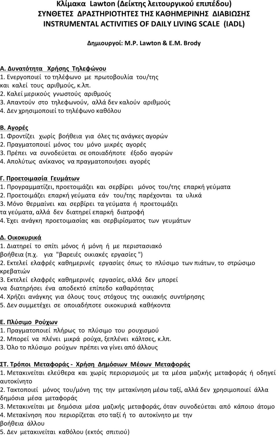 Δεν χρησιμοποιεί το τηλέφωνο καθόλου Β. Αγορές 1. Φροντίζει χωρίς βοήθεια για όλες τις ανάγκες αγορών 2. Πραγματοποιεί μόνος του μόνο μικρές αγορές 3.