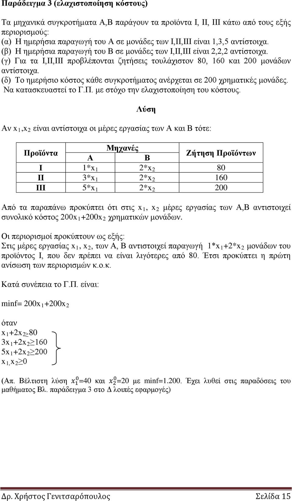 (δ) Το ημερήσιο κόστος κάθε συγκροτήματος ανέρχεται σε 200 χρηματικές μονάδες. Να κατασκευαστεί το Γ.Π. με στόχο την ελαχιστοποίηση του κόστους.