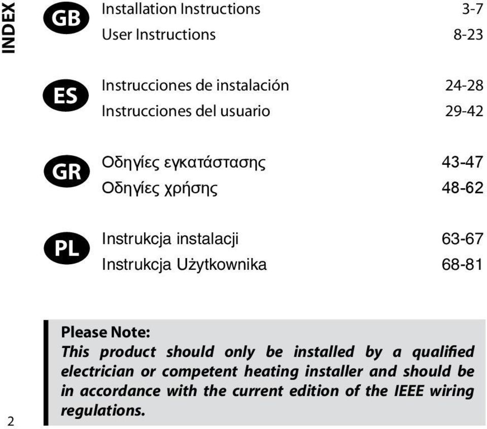 63-67 Instrukcja Użytkownika 68-81 Please Note: This product should only be installed by a qualified