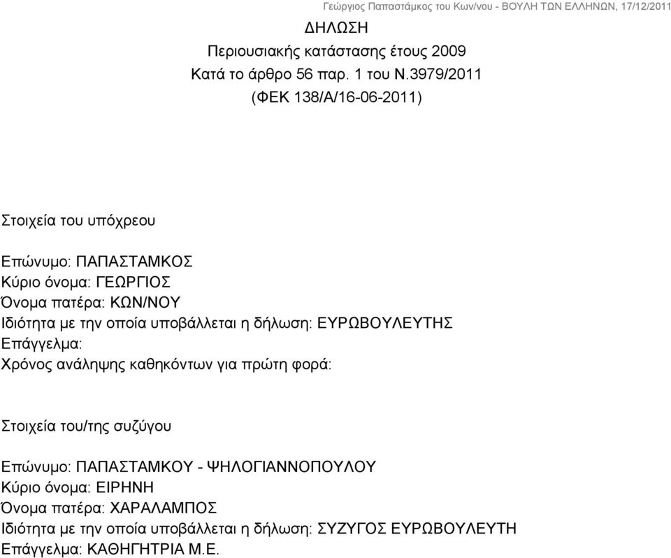 Ιδιότητα με την οποία υποβάλλεται η δήλωση: ΕΥΡΩΒΟΥΛΕΥΤΗΣ Επάγγελμα: Χρόνος ανάληψης καθηκόντων για πρώτη φορά: Στοιχεία