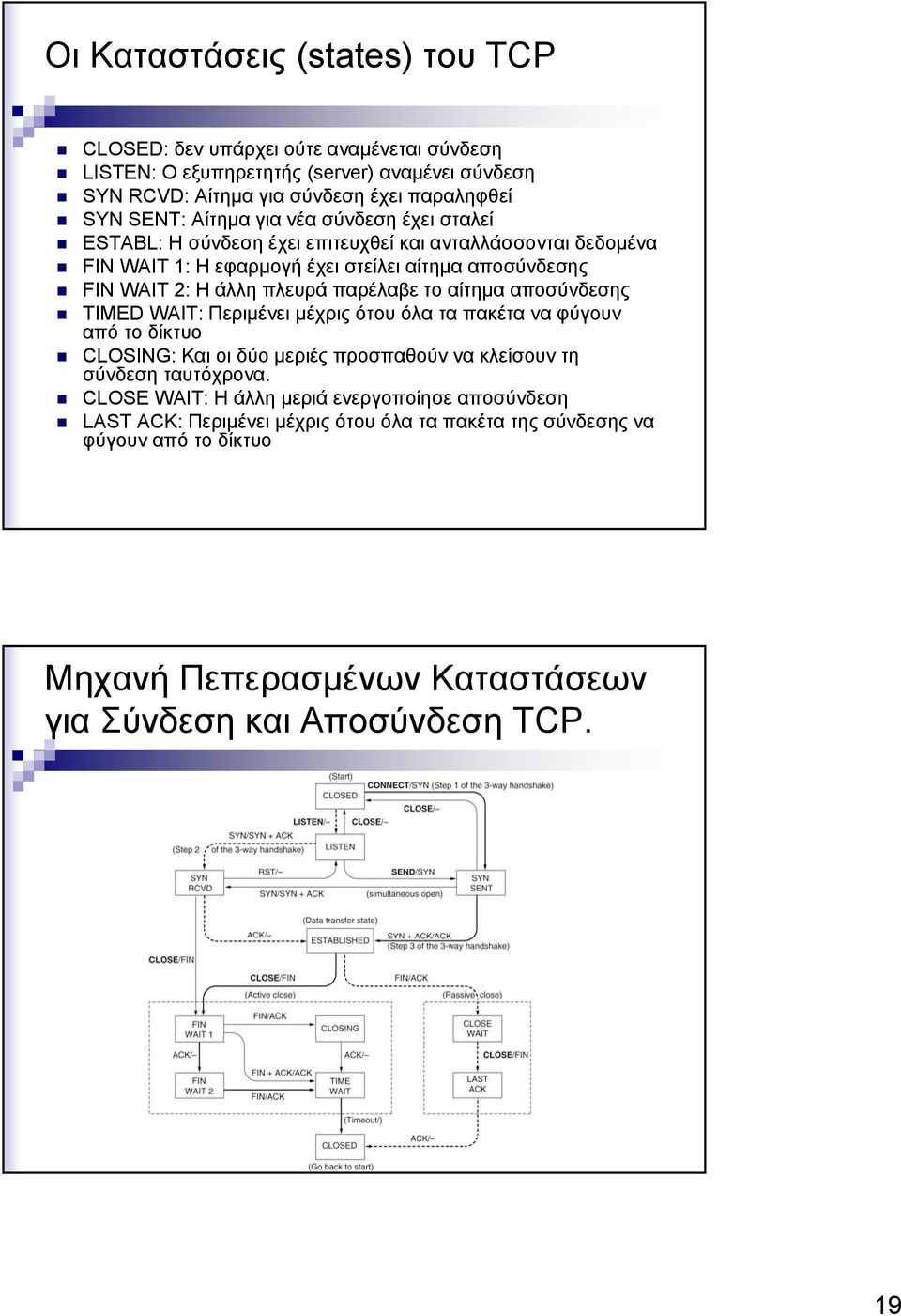 παρέλαβε το αίτημα αποσύνδεσης TIMED WAIT: Περιμένει μέχρις ότου όλα τα πακέτα να φύγουν απότοδίκτυο CLOSING: Και οι δύο μεριές προσπαθούν να κλείσουν τη σύνδεση ταυτόχρονα.