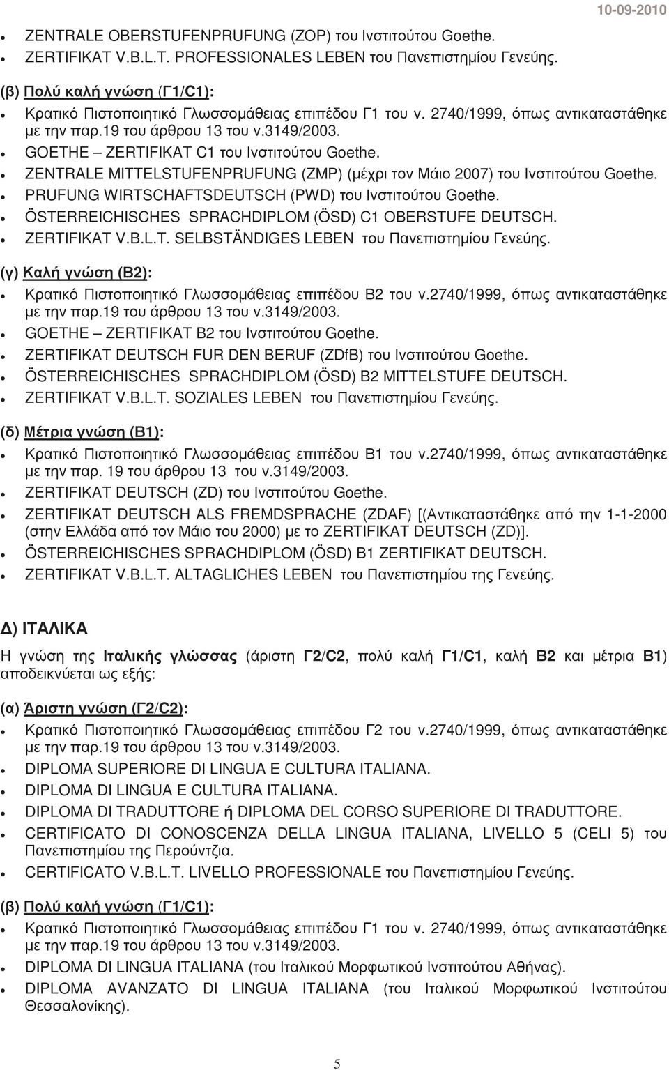 ZERTIFIKAT V.B.L.T. SELBSTÄNDIGES LEBEN του Πανεπιστηµίου Γενεύης. GOETHE ZERTIFIKAT B2 του Ινστιτούτου Goethe. ZERTIFIKAT DEUTSCH FUR DEN BERUF (ZDfB) του Ινστιτούτου Goethe.