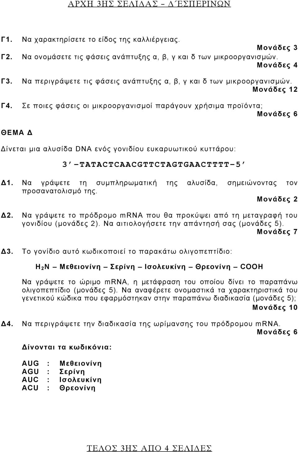 Σε ποιες φάσεις οι μικροοργανισμοί παράγουν χρήσιμα προϊόντα; Μονάδες 6 ΘΕΜΑ Δ Δίνεται μια αλυσίδα DNA ενός γονιδίου ευκαρυωτικού κυττάρου: 3 -TATACTCAACGTTCTAGTGAACTTTT-5 Δ1.