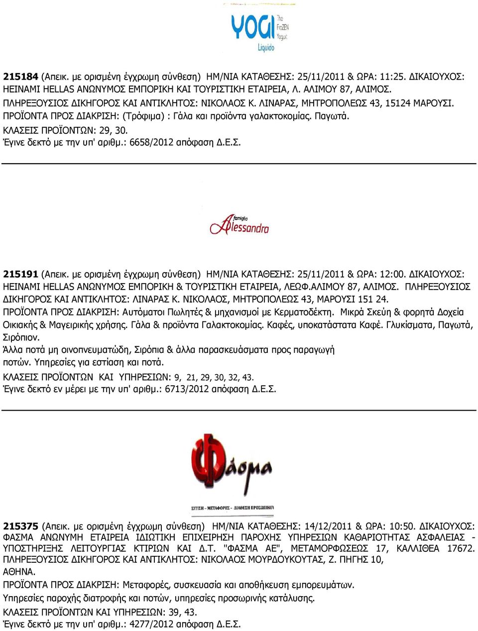 Έγινε δεκτό µε την υπ' αριθµ.: 6658/2012 απόφαση.ε.σ. 215191 (Απεικ. µε ορισµένη έγχρωµη σύνθεση) ΗΜ/ΝΙΑ ΚΑΤΑΘΕΣΗΣ: 25/11/2011 & ΩΡΑ: 12:00.