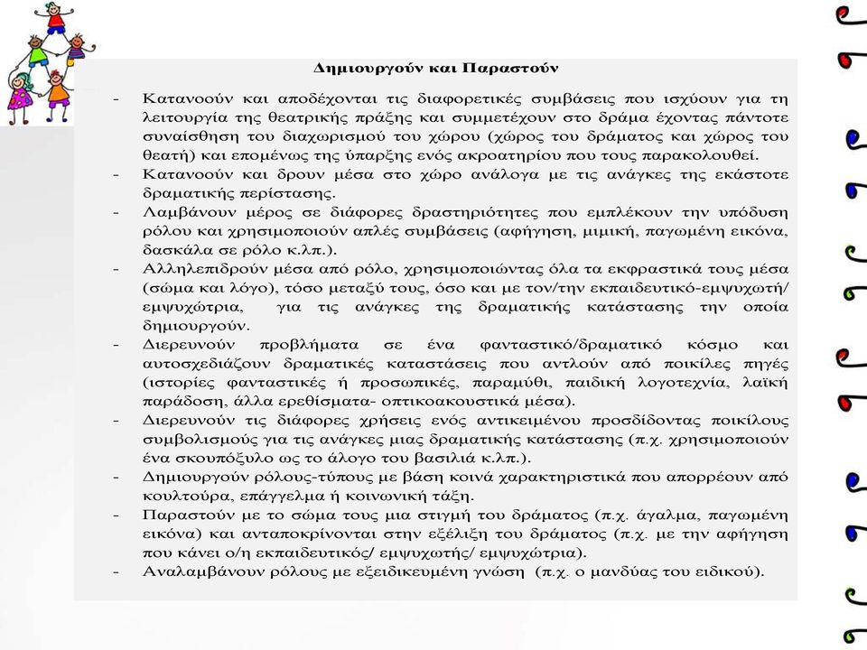 - Κατανοούν και δρουν μέσα στο χώρο ανάλογα με τις ανάγκες της εκάστοτε δραματικής περίστασης.