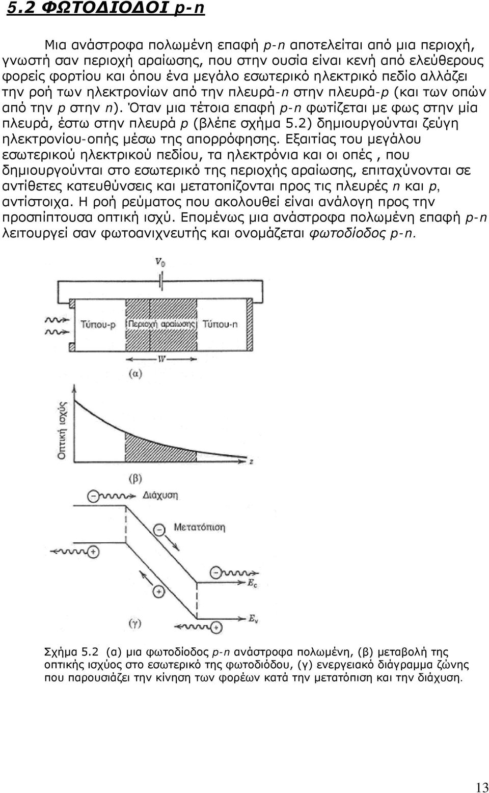 Όταν μια τέτοια επαφή p-n φωτίζεται με φως στην μία πλευρά, έστω στην πλευρά p (βλέπε σχήμα 5.2) δημιουργούνται ζεύγη ηλεκτρονίου-οπής μέσω της απορρόφησης.
