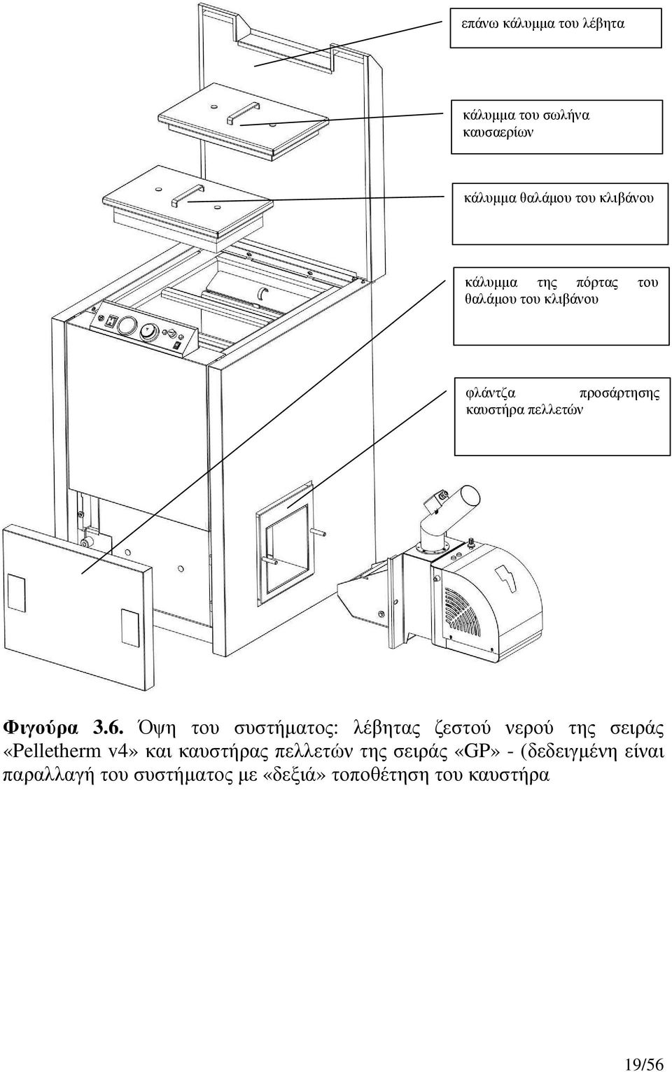 Όψη του συστήµατος: λέβητας ζεστού νερού της σειράς «Pelletherm v4» και καυστήρας πελλετών
