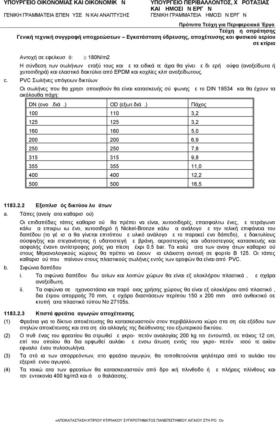 ) OD (εξωτ.διάμ.) Πάχος 100 110 3,2 125 125 3,2 160 160 5,0 200 200 6,9 250 250 7,8 315 315 9,8 355 355 11,0 400 400 12,2 500 500 16,5 1183.2.2 Εξοπλισμός δικτύου λυμάτων a.