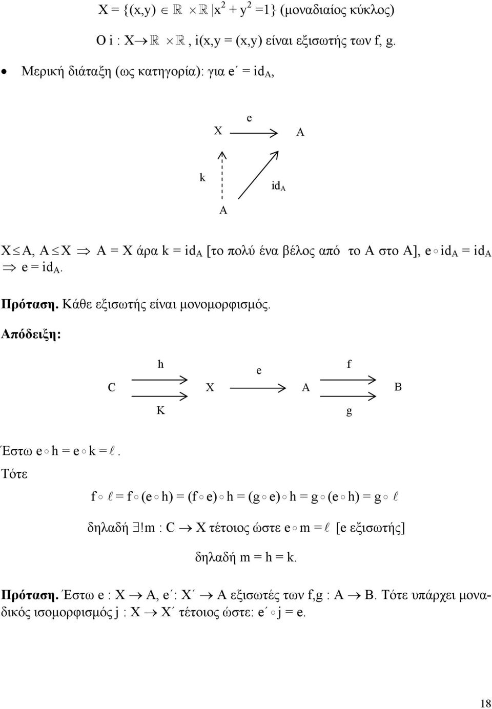 A. Πρόταση. Κάθε εξισωτής είναι μονομορφισμός. Απόδειξη: h f e C X A B K g Έστω e h = e k =.