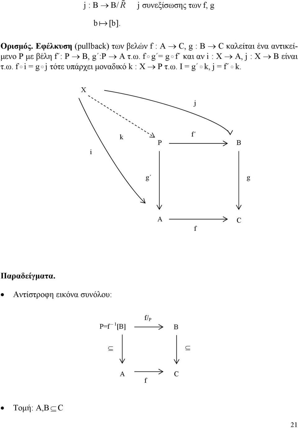 g :P A τ.ω. f g = g f και αν i : X A, j : X B είναι τ.ω. f i = g j τότε υπάρχει μοναδικό k : X P τ.