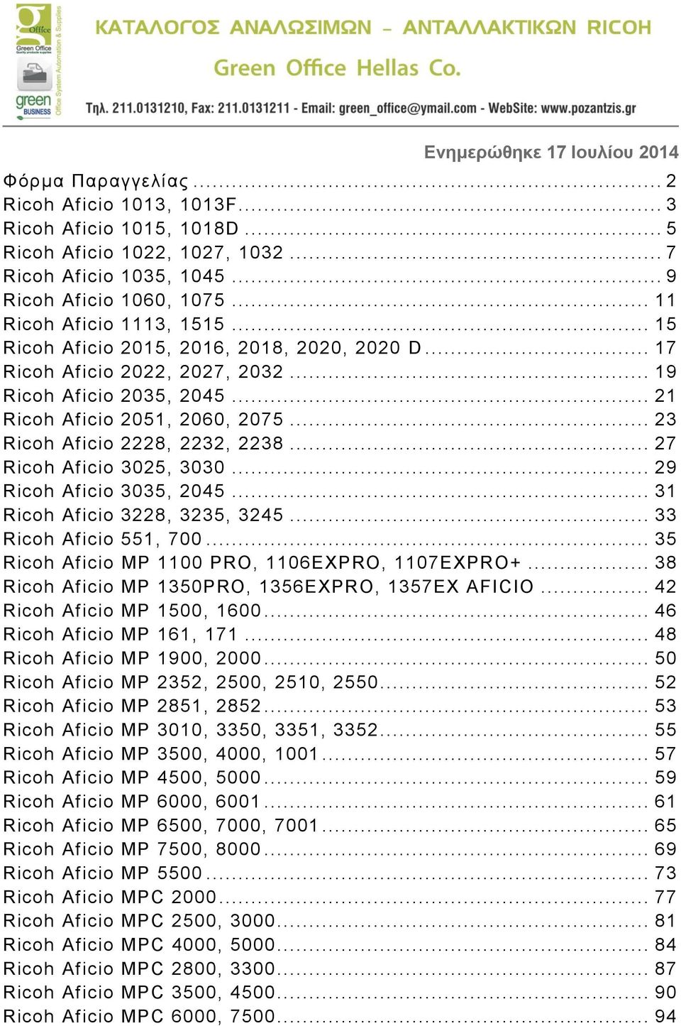 .. 23 Ricoh Aficio 2228, 2232, 2238... 27 Ricoh Aficio 3025, 3030... 29 Ricoh Aficio 3035, 2045... 31 Ricoh Aficio 3228, 3235, 3245... 33 Ricoh Aficio 551, 700.