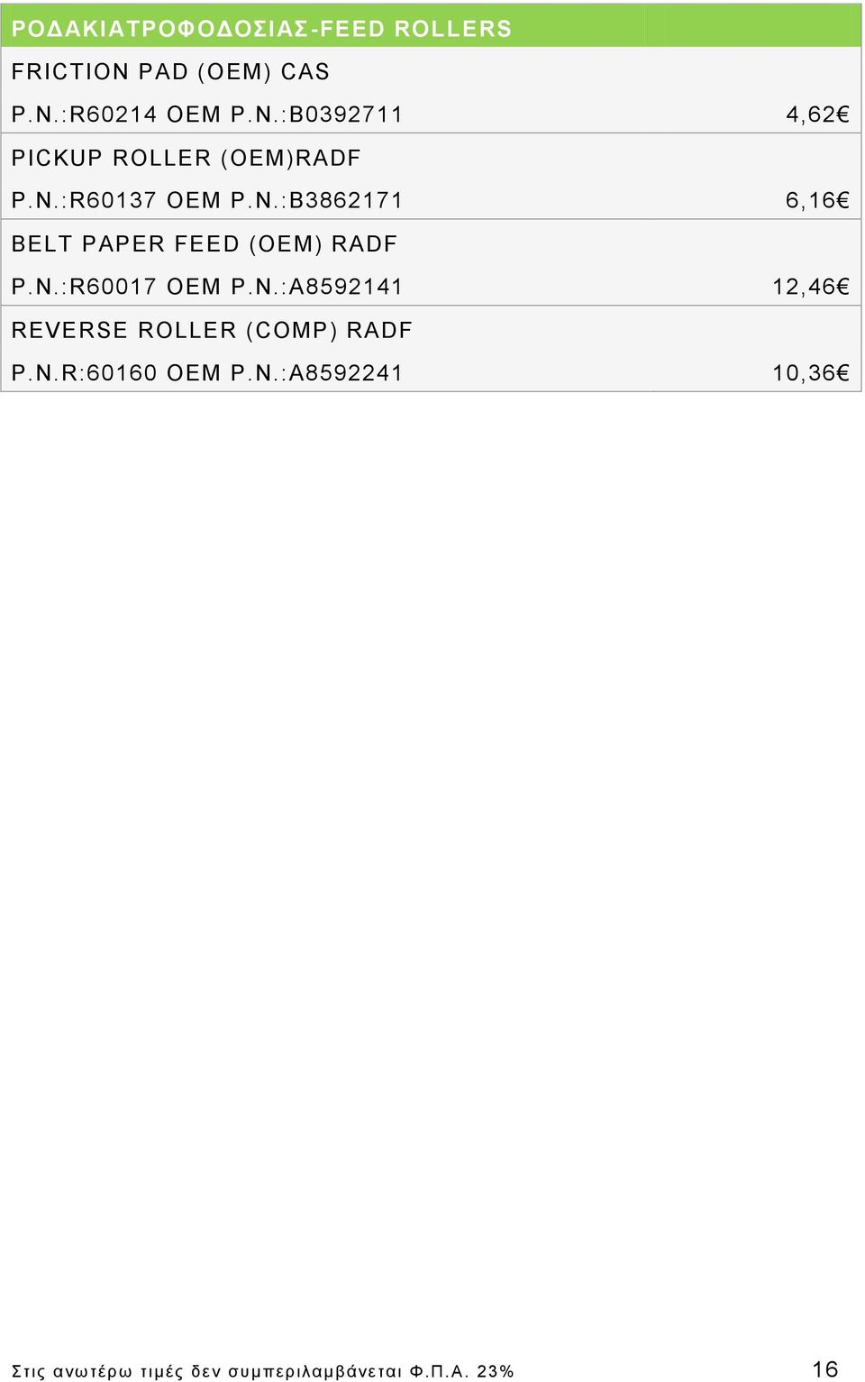 N.R:60160 OEM P.N.:A8592241 10,36 Σηις ανωηέρω ηιμές δεν ζσμπεριλ αμβάνεηαι Φ.Π.Α.