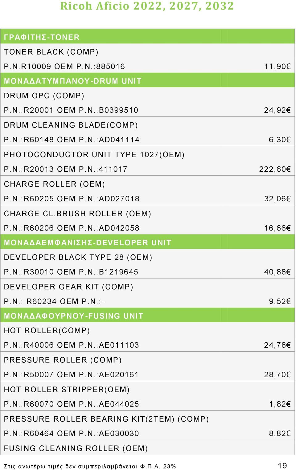 N.:AD042058 16,66 ΜΟΝΑΔΑΕΜΦΑΝΙΗ-DEVELOPER UNIT DEVELOPER BLACK TYPE 28 (OEM) P.N.:R30010 OEM P.N.:B1219645 40,88 DEVELOPER GEAR KIT (COMP) P.N.: R60234 ΟΔΜ P.N.:- 9,52 ΜΟΝΑΔΑΦΟΤΡΝΟΤ-FUSING UNIT HOT ROLLER(COMP) P.