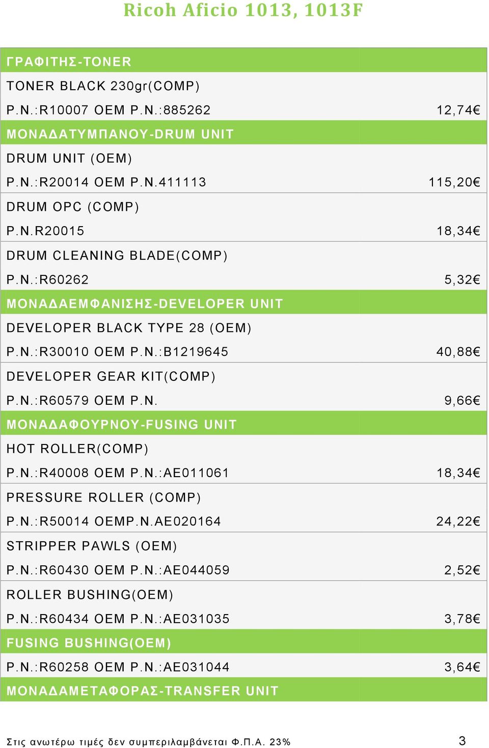 N.:R40008 OEM P.N.:AE011061 18,34 PRESSURE ROLLER (COMP) P.N.:R50014 OEMP.N.AE020164 24,22 STRIPPER PAWLS (OEM) P.N.:R60430 OEM P.N.:AE044059 2,52 ROLLER BUSHING(OEM) P.N.:R60434 OEM P.N.:AE031035 3,78 FUSING BUSHING(OEM) P.