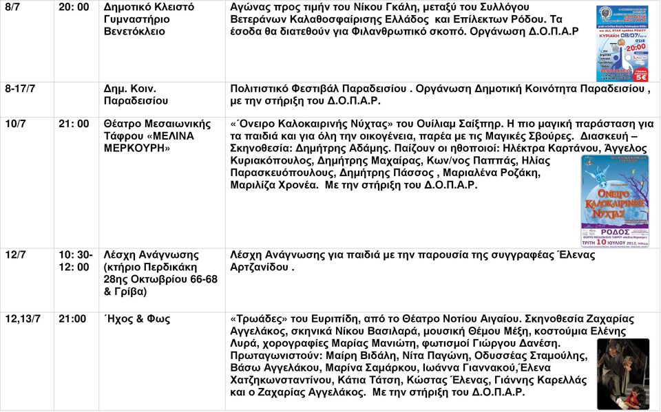 Οργάνωση ηµοτική Κοινότητα Παραδεισίου, µε την στήριξη του «Ονειρο Καλοκαιρινής Νύχτας» του Ουίλιαµ Σαίξπηρ.