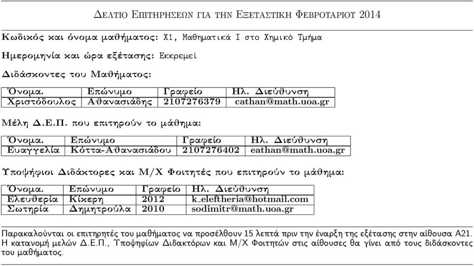 uoa.gr Ευαγγελία Κόττα-Αθανασιάδου 2107276402 eathan@math.uoa.gr Ελευθερία Κίκερη 2012 k eleftheria@hotmail.