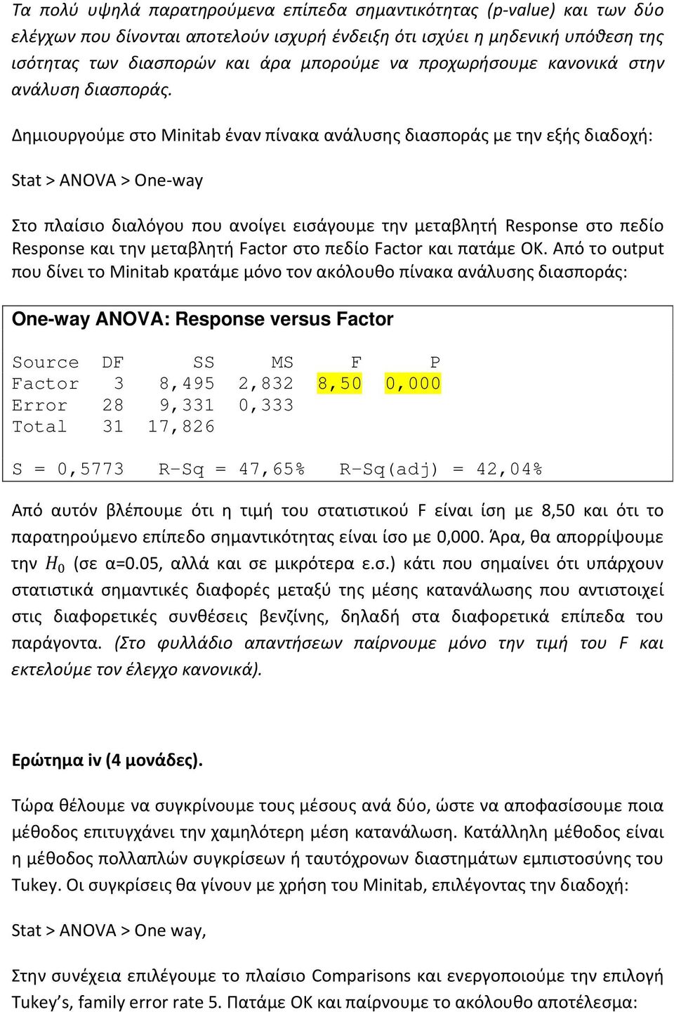 Δημιουργούμε στο Minitab έναν πίνακα ανάλυσης διασποράς με την εξής διαδοχή: Stat > ANOVA > One-way Στο πλαίσιο διαλόγου που ανοίγει εισάγουμε την μεταβλητή Response στο πεδίο Response και την