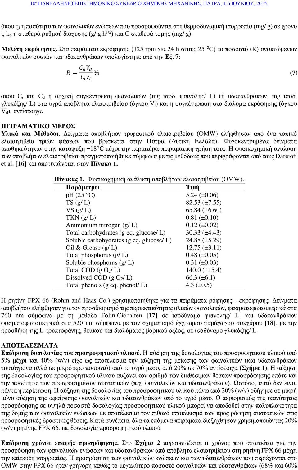 7: RR = CC ddvv dd CC ii VV ii % (7) όπου C i και C d η αρχική συγκέντρωση φαινολικών (mg ισοδ. φαινόλης/ L) (ή υδατανθράκων, mg ισοδ.