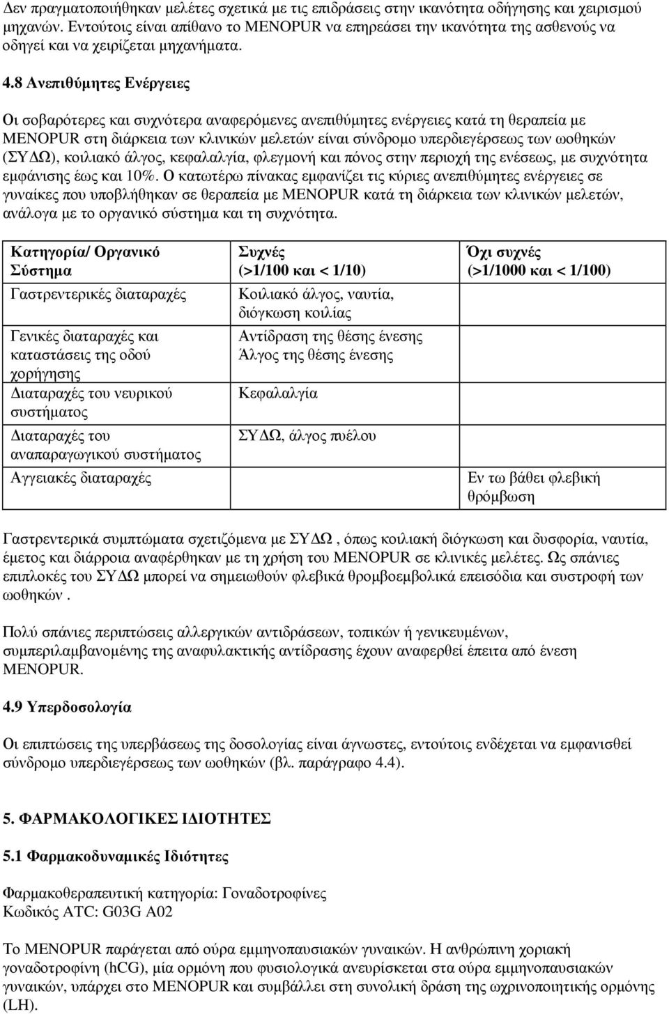 8 Ανεπιθύµητες Ενέργειες Οι σοβαρότερες και συχνότερα αναφερόµενες ανεπιθύµητες ενέργειες κατά τη θεραπεία µε MENOPUR στη διάρκεια των κλινικών µελετών είναι σύνδροµο υπερδιεγέρσεως των ωοθηκών (ΣΥ