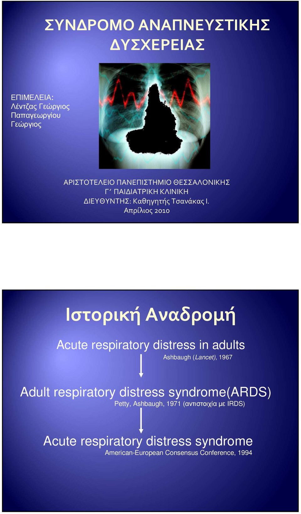 Απρίλιος 2010 Ιστορική Αναδρομή Acute respiratory distress in adults Ashbaugh (Lancet), 1967 Adult