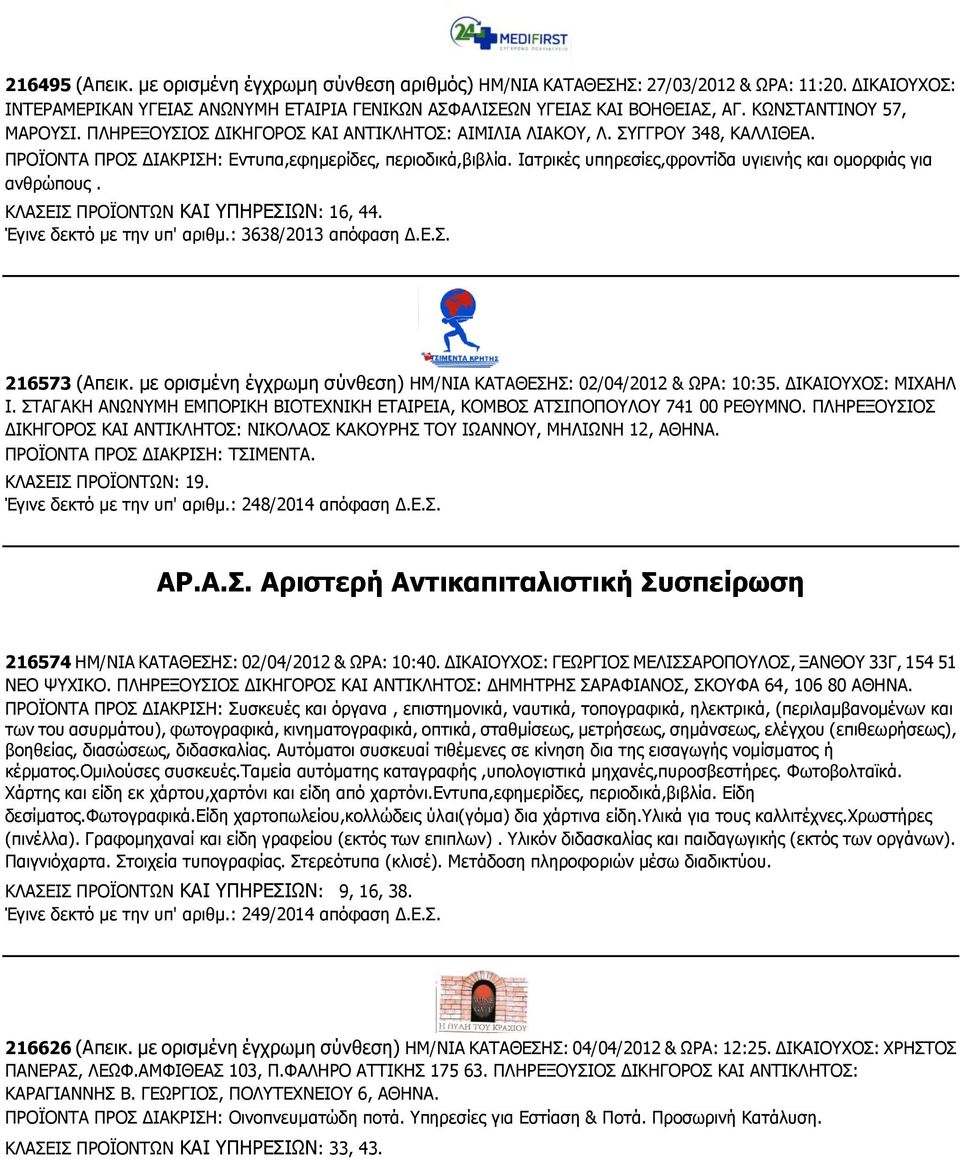 Ιατρικές υπηρεσίες,φροντίδα υγιεινής και ομορφιάς για ανθρώπους. ΚΛΑΣΕΙΣ ΠΡΟΪΟΝΤΩΝ ΚΑΙ ΥΠΗΡΕΣΙΩΝ: 16, 44. Έγινε δεκτό με την υπ' αριθμ.: 3638/2013 απόφαση Δ.Ε.Σ. 216573 (Απεικ.