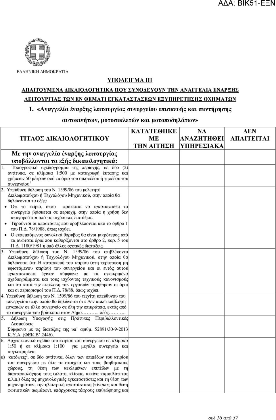 δικαιολογητικά: 1. Τοπογραφικό σχεδιάγραµµα της περιοχής, σε δύο (2) αντίτυπα, σε κλίµακα 1:500 µε καταγραφή έκτασης και χρήσεων 50 µέτρων από τα όρια του οικοπέδου ή γηπέδου του συνεργείου 1 2.