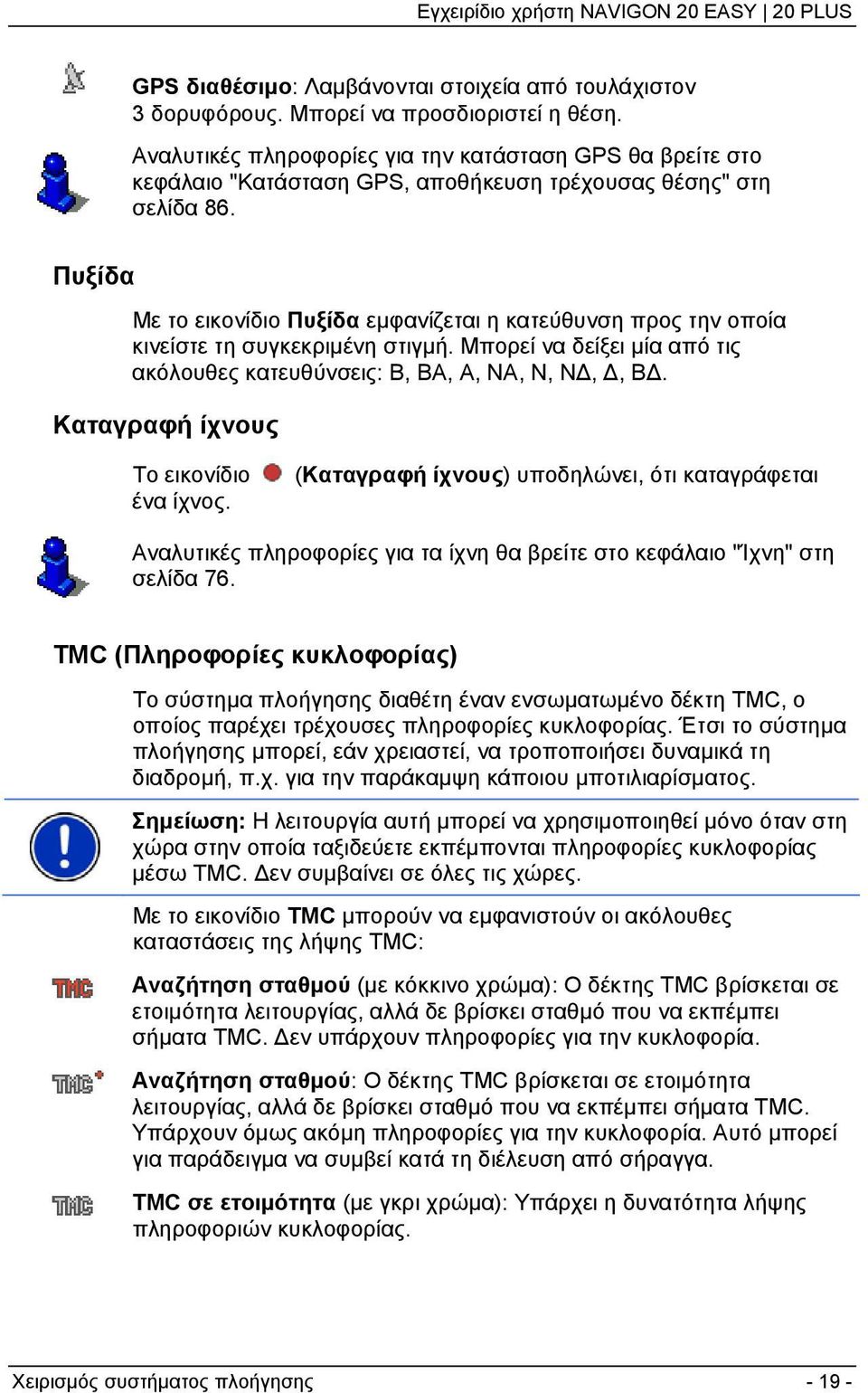 Πυξίδα Με το εικονίδιο Πυξίδα εμφανίζεται η κατεύθυνση προς την οποία κινείστε τη συγκεκριμένη στιγμή. Μπορεί να δείξει μία από τις ακόλουθες κατευθύνσεις: Β, ΒΑ, Α, ΝΑ, Ν, ΝΔ, Δ, ΒΔ.