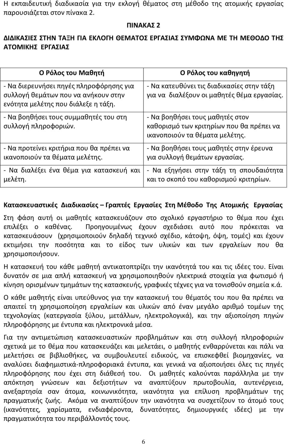 ενότητα μελέτης που διάλεξε η τάξη. - Να βοηθήσει τους συμμαθητές του στη συλλογή πληροφοριών. - Να προτείνει κριτήρια που θα πρέπει να ικανοποιούν τα θέματα μελέτης.