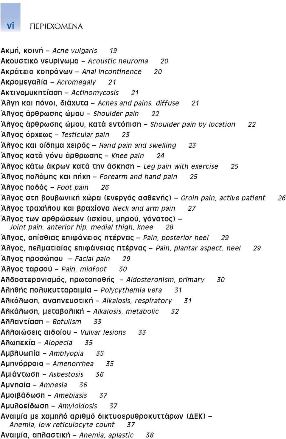 pain and swelling 23 Άλγος κατά γόνυ άρθρωσης Knee pain 24 Άλγος κάτω άκρων κατά την άσκηση Leg pain with exercise 25 Άλγος παλάµης και πήχη Forearm and hand pain 25 Άλγος ποδός Foot pain 26 Άλγος