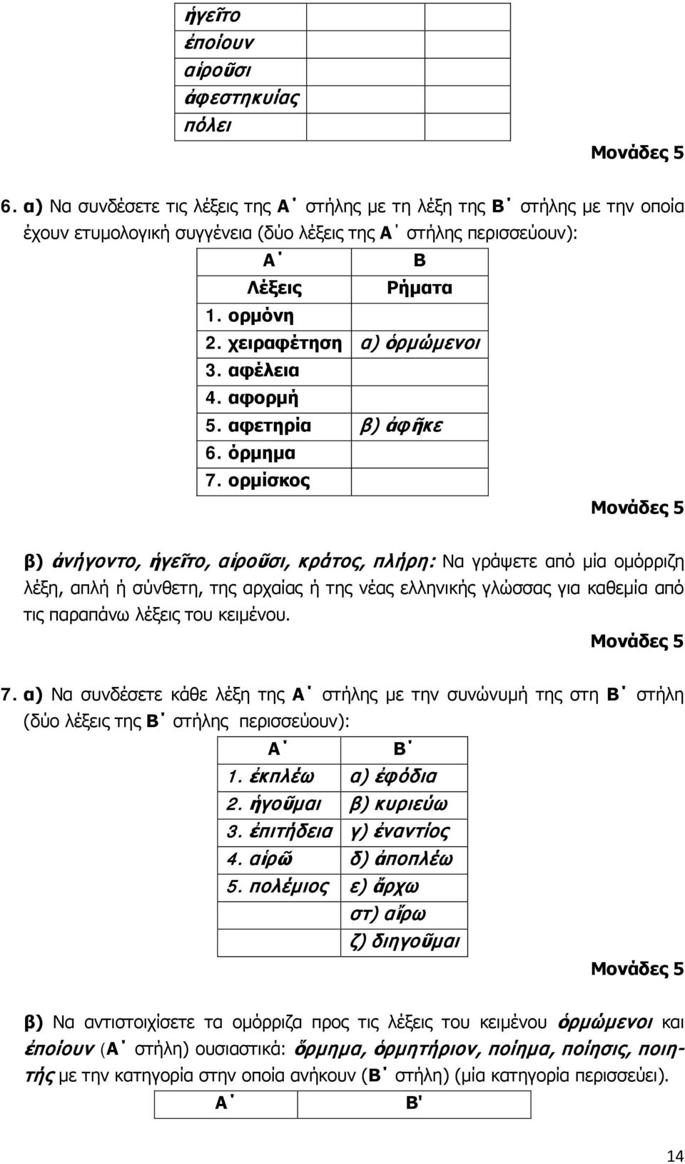 χειραφέτηση α) ὁρμώμενοι 3. αφέλεια 4. αφορμή 5. αφετηρία β) ἀφῆκε 6. όρμημα 7.