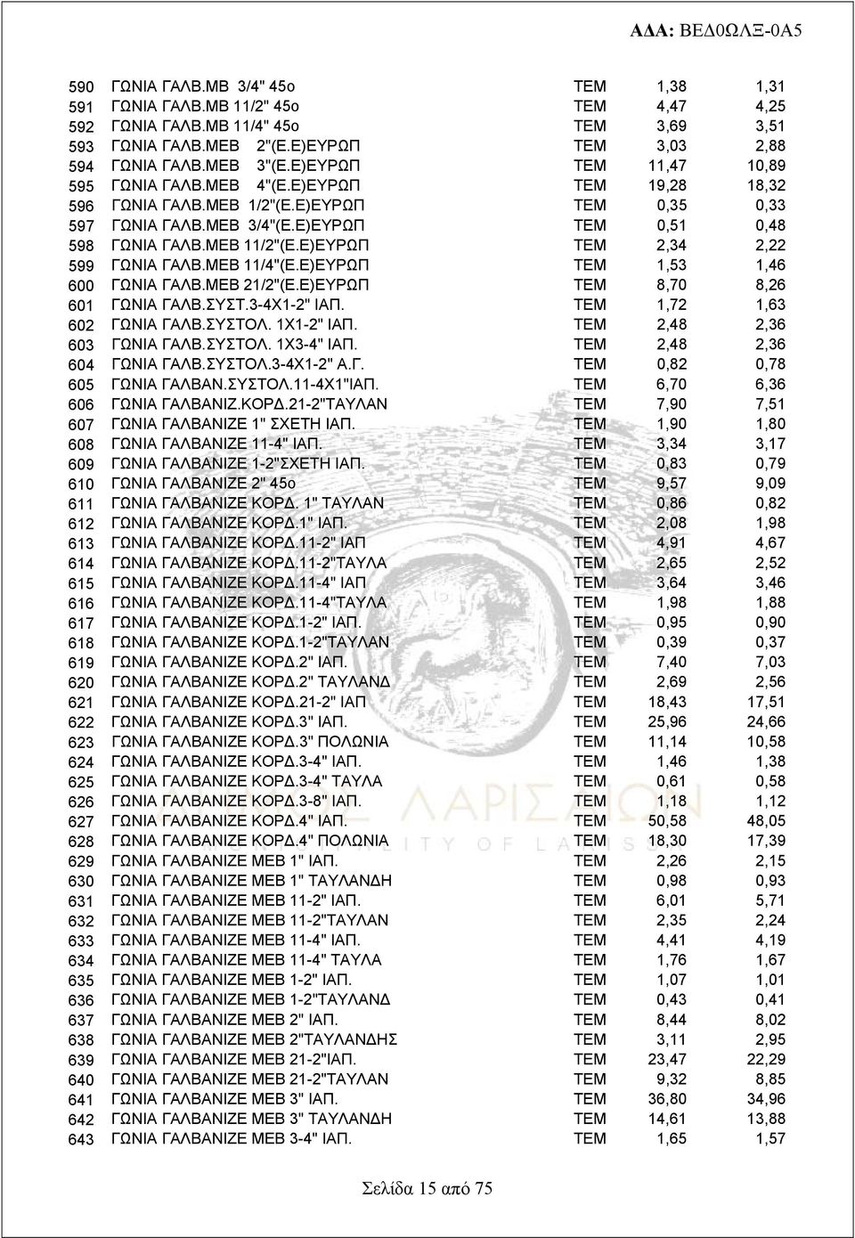 Ε)ΕΥΡΩΠ ΤΕΜ 2,34 2,22 599 ΓΩΝΙΑ ΓΑΛΒ.ΜΕΒ 11/4"(Ε.Ε)ΕΥΡΩΠ ΤΕΜ 1,53 1,46 600 ΓΩΝΙΑ ΓΑΛΒ.ΜΕΒ 21/2"(Ε.Ε)ΕΥΡΩΠ ΤΕΜ 8,70 8,26 601 ΓΩΝΙΑ ΓΑΛΒ.ΣΥΣΤ.3-4X1-2" ΙΑΠ. ΤΕΜ 1,72 1,63 602 ΓΩΝΙΑ ΓΑΛΒ.ΣΥΣΤΟΛ.