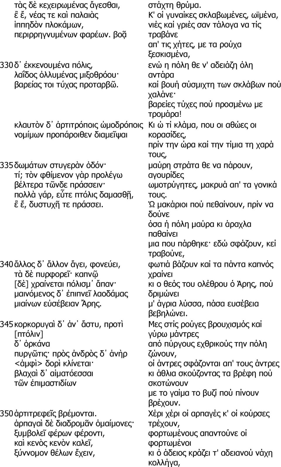 340 ἄλλος δ ἄλλον ἄγει, φονεύει, τὰ δὲ πυρφορεῖ καπνῷ [δὲ] χραίνεται πόλισµ ἅπαν µαινόµενος δ ἐπιπνεῖ λαοδάµας µιαίνων εὐσέβειαν Ἄρης.