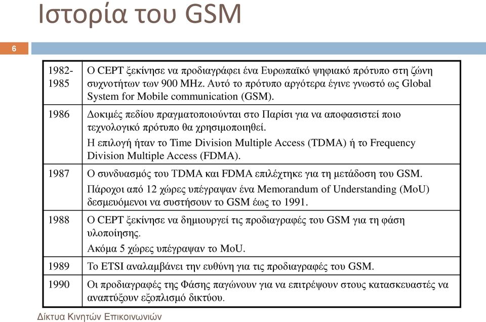 Η επιλογή ήταν το Time Division Multiple Access (TDMA) ή το Frequency Division Multiple Access (FDMA). 1987 Ο συνδυασμός του ΤDMA και FDMA επιλέχτηκε για τη μετάδοση του GSM.